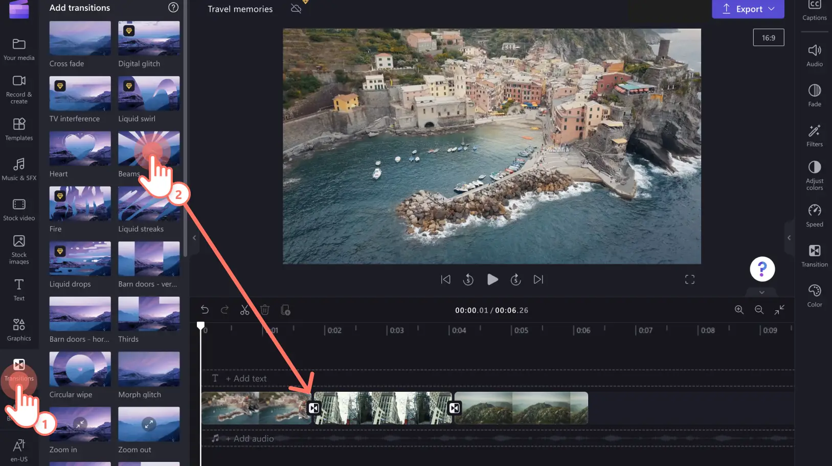 Изображение добавления переходов в Clipchamp.