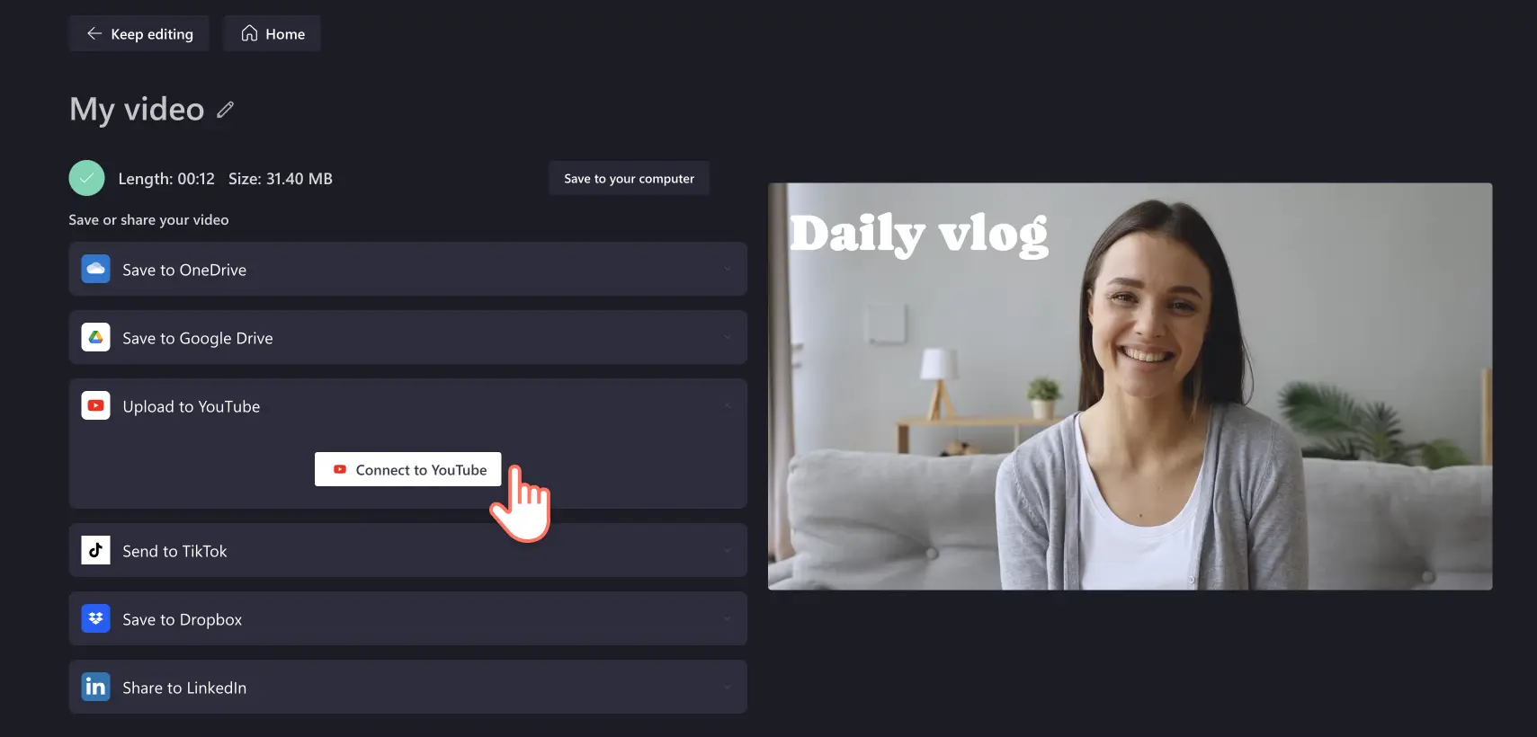 Compartilhar diretamente no YouTube, conectando-se ao Clipchamp