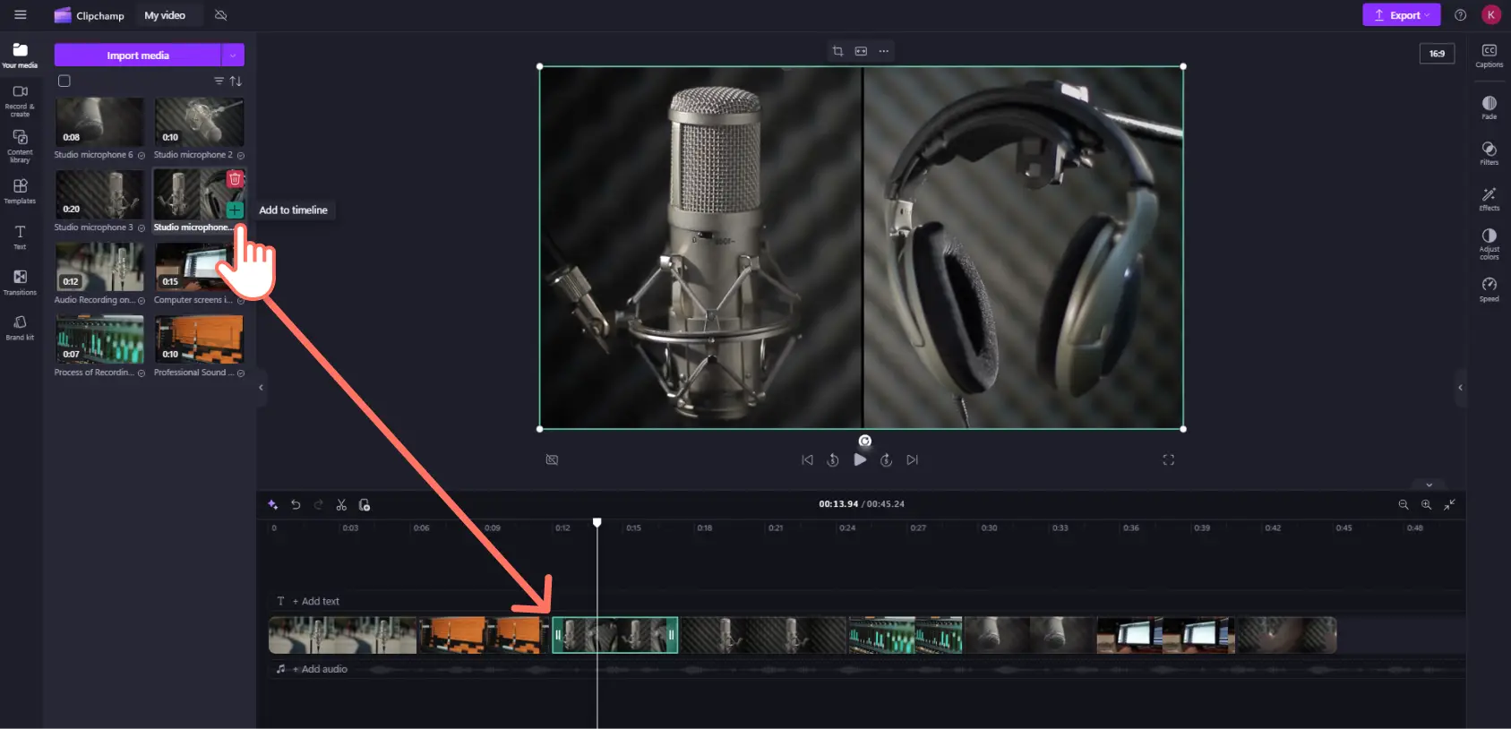 A user dragging and dropping video clips onto the editing timeline in Clipchamp.