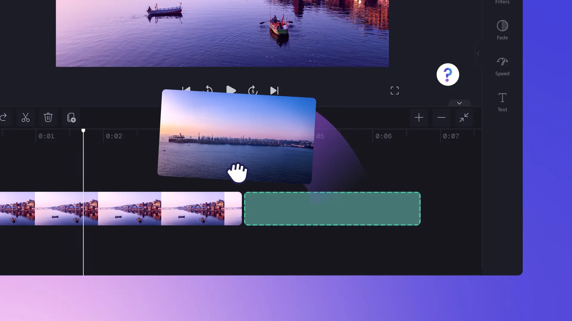Un'immagine astratta che mostra come unire due asset multimediali sulla timeline Clipchamp.