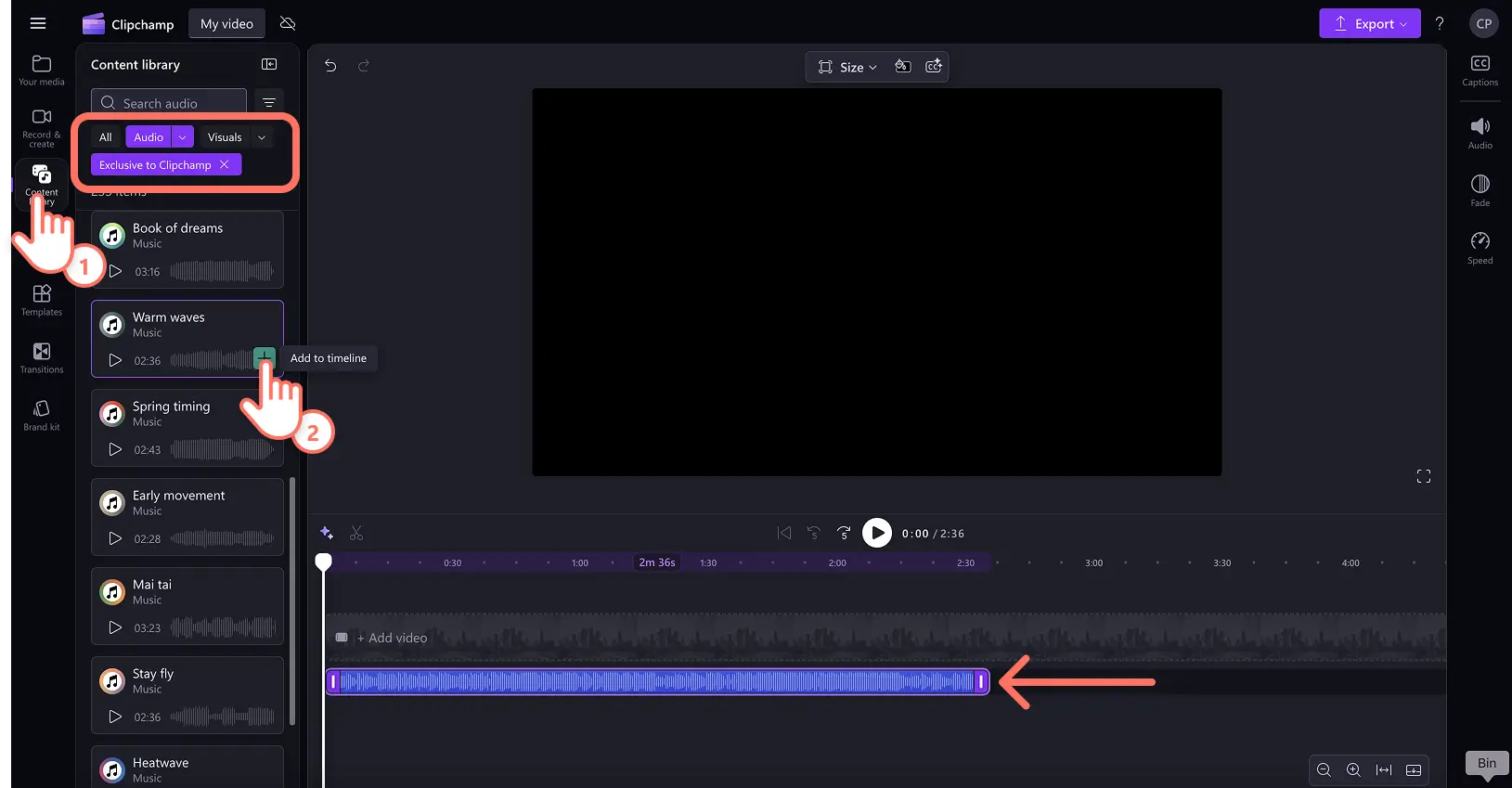 A user adding stock music to the timeline.