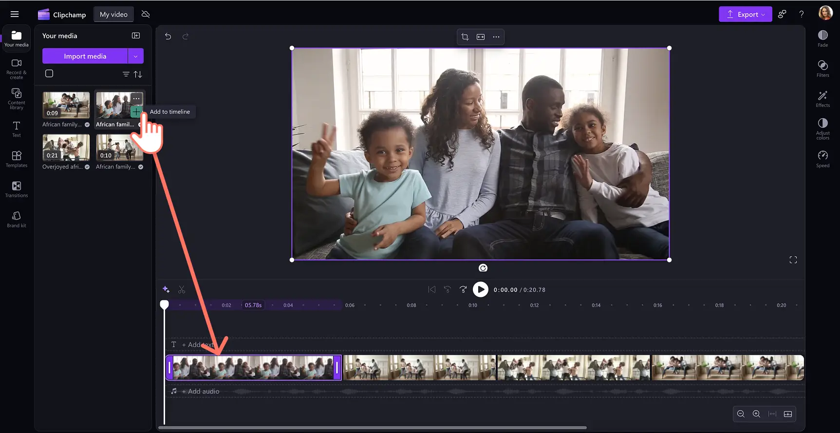 Organizar seus videoclipes na linha do tempo do Clipchamp