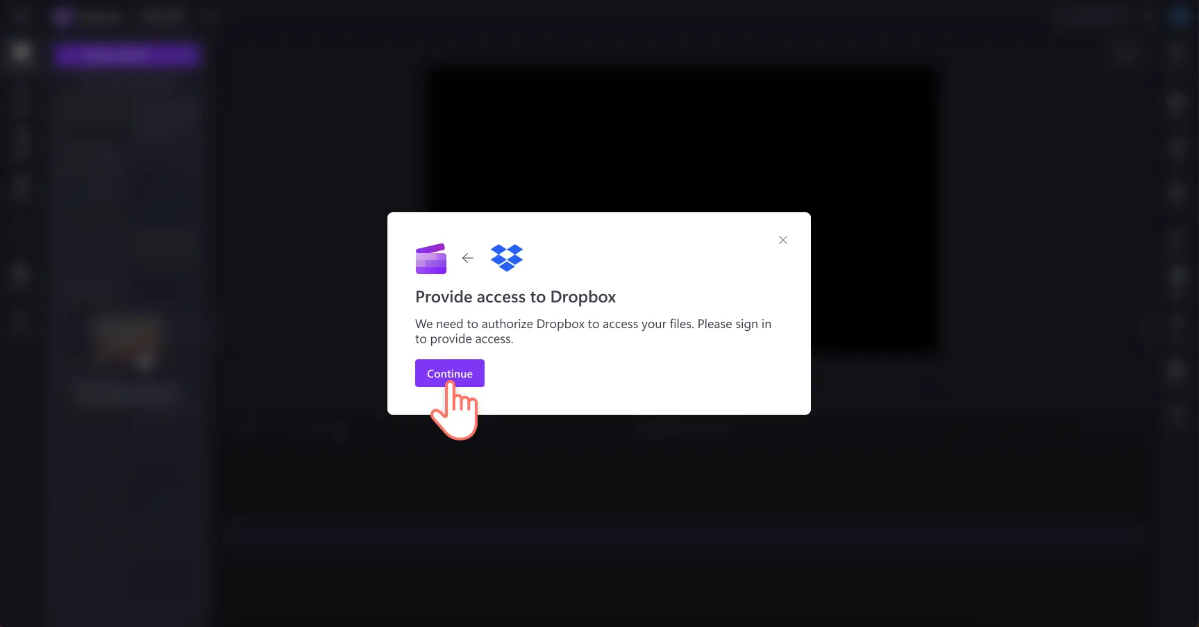 Bilde av en bruker som gir Clipchamp-tilgang i Dropbox.