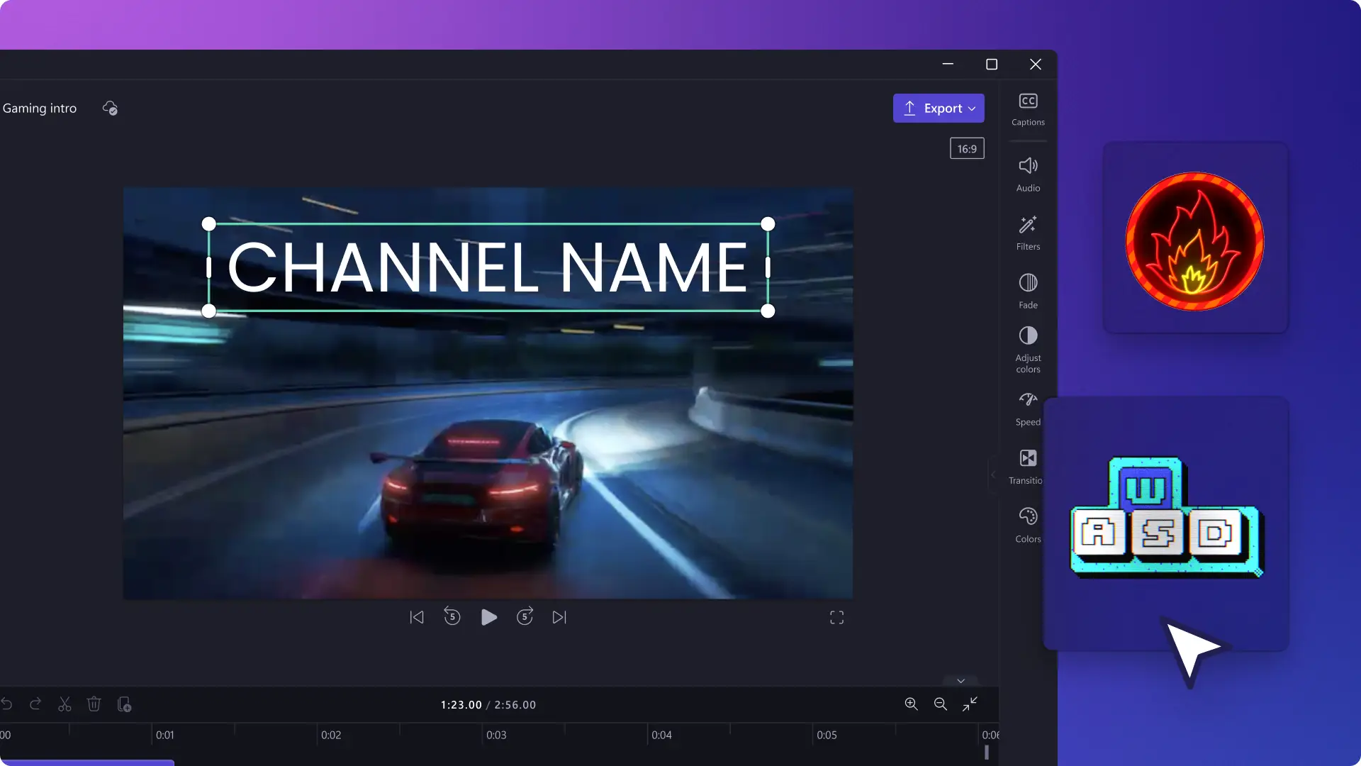 Clipchamp video düzenleyicide bir videoya çıkartmalar ve oyun temalı GIF’ler eklemeyi gösteren soyut bir resim.