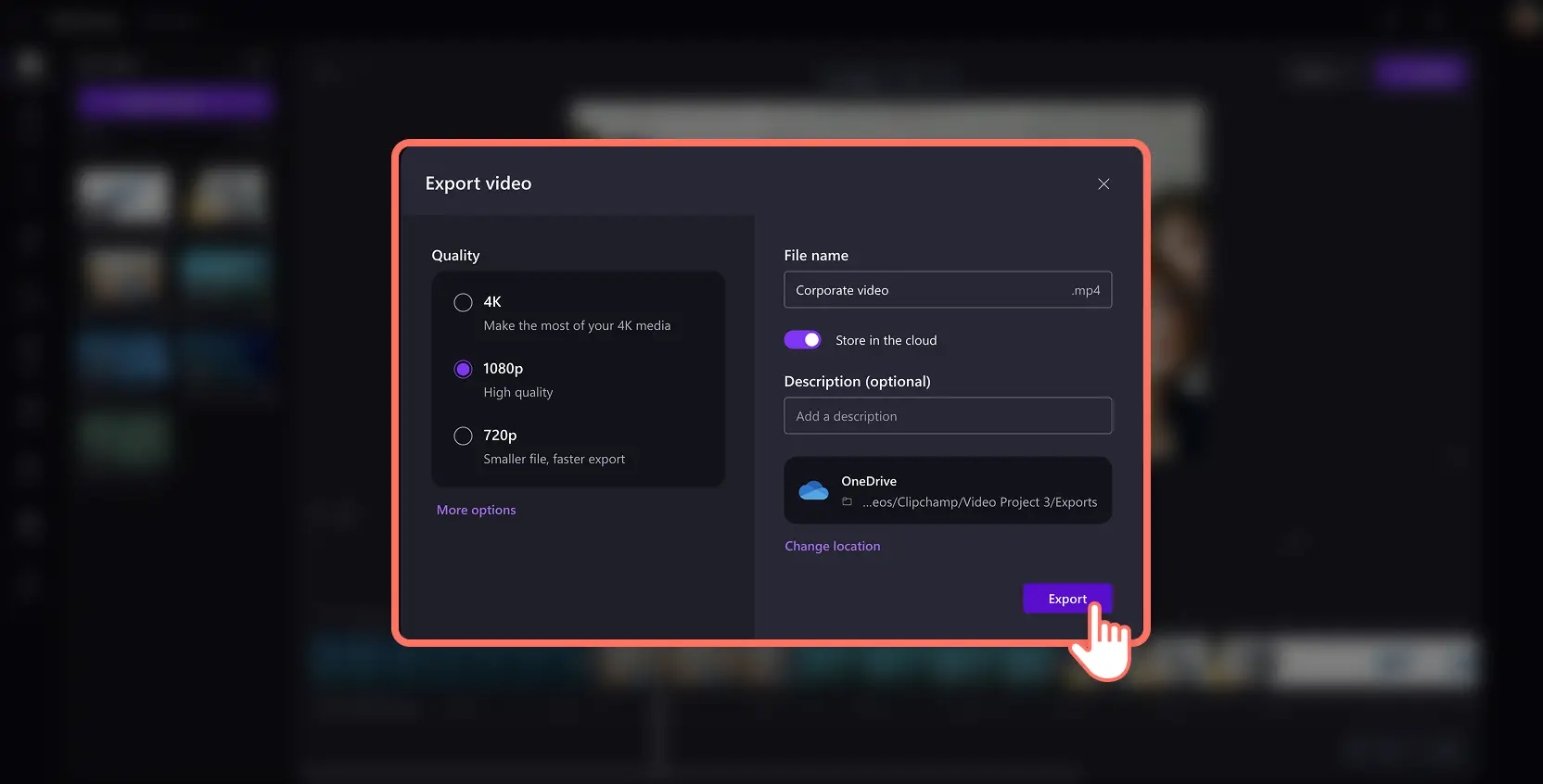 Utente che salva un video di alta qualità su OneDrive utilizzando Clipchamp per lavoro.