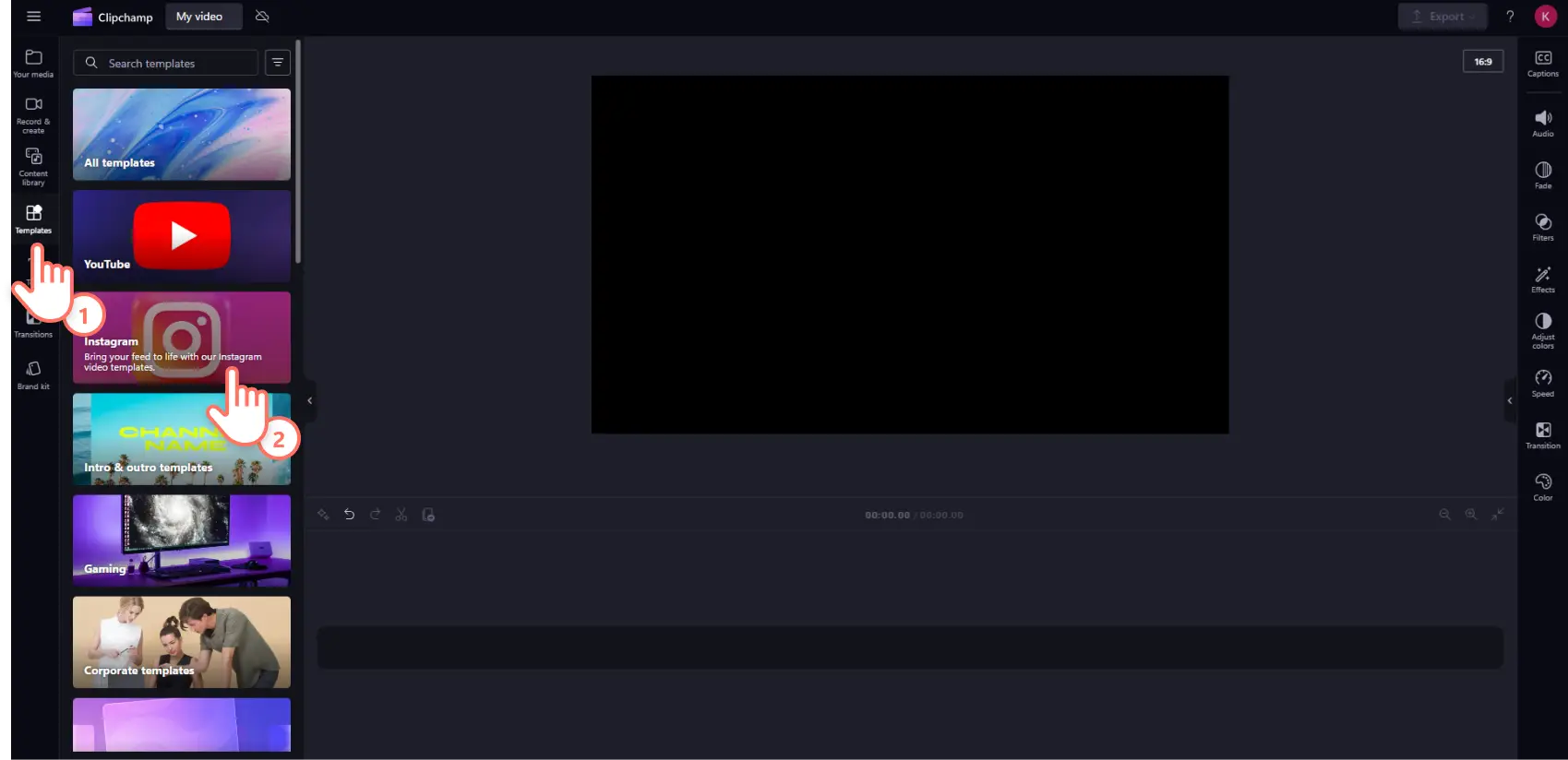 A user accessing the Instagram templates inside Clipchamp.