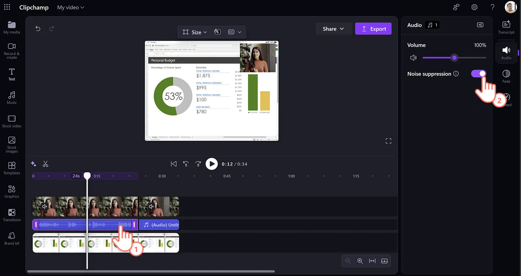 Eine Person, die KI-Rauschunterdrückung auf ein Produktdemovideo in Clipchamp für die Arbeit anwendet.