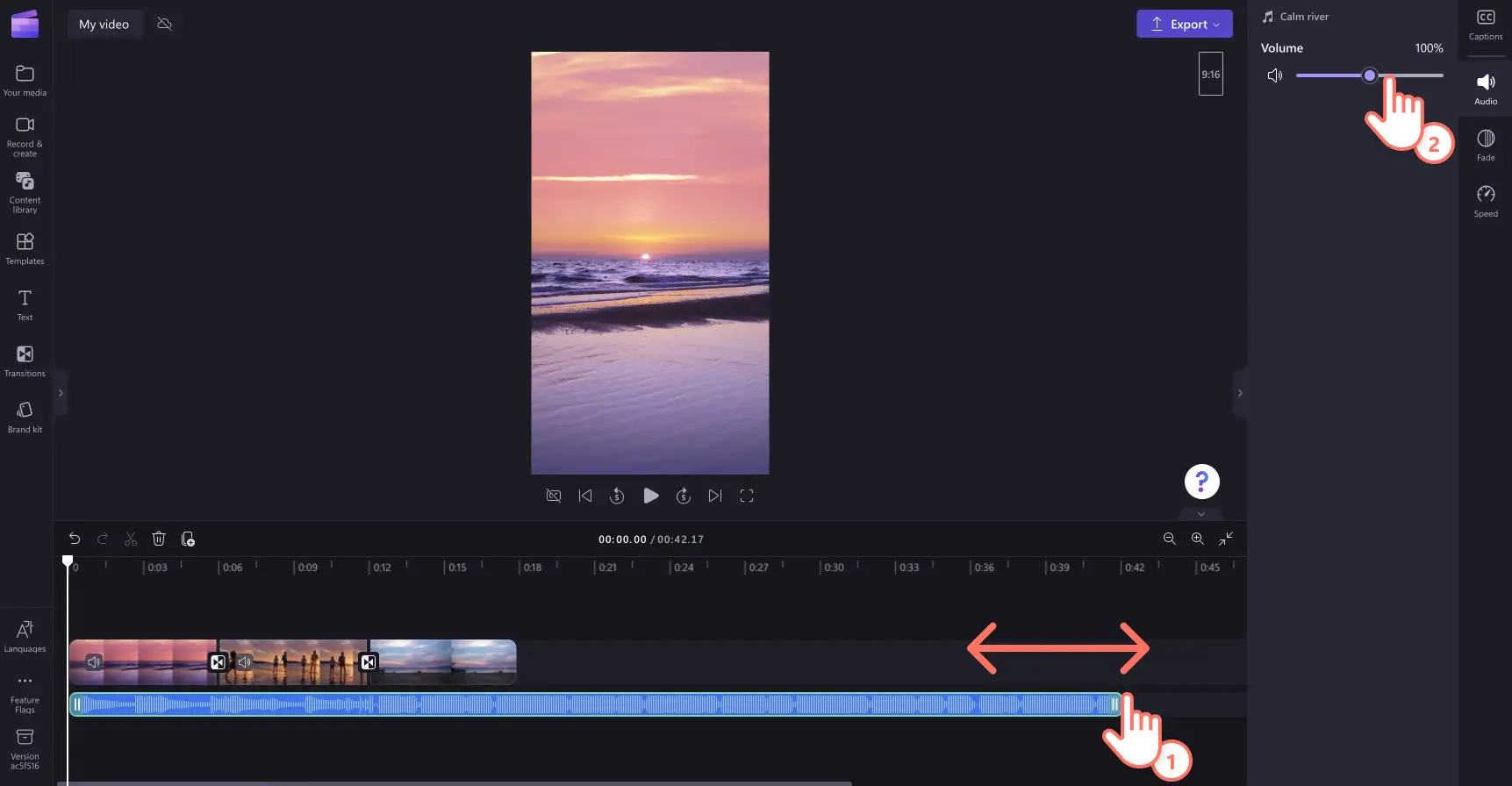 Gambar pengguna memangkas audio dan menurunkan volume. 