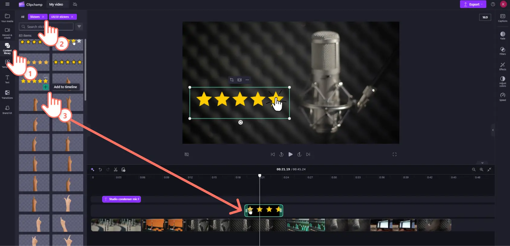A user dragging and dropping a UX/UI sticker onto the timeline in Clipchamp.