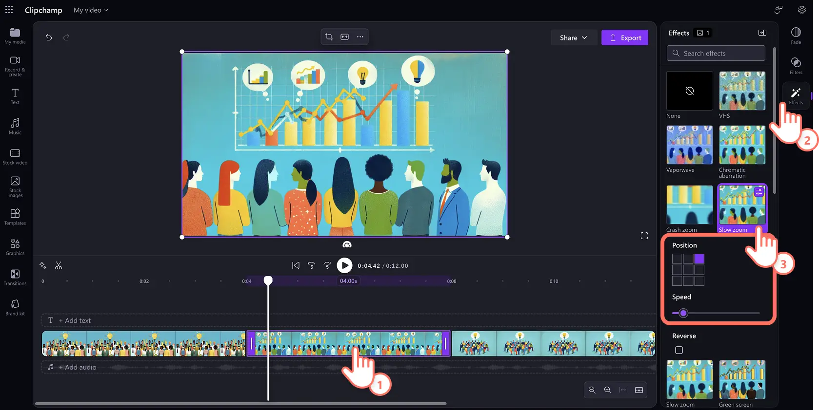 A user adding a video effect to an image in Clipchamp for work