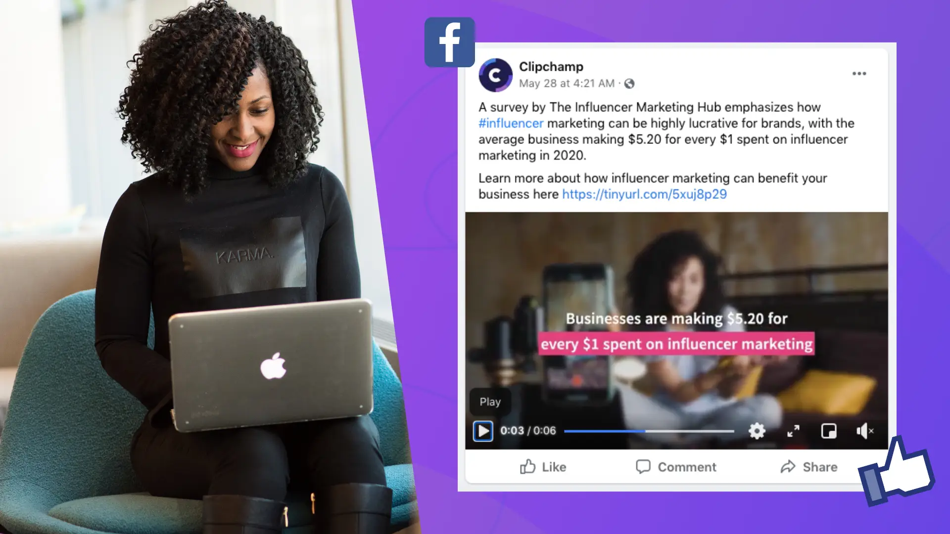 Example of good Facebook video thumbnail that gets clicks and young woman browsing her laptop