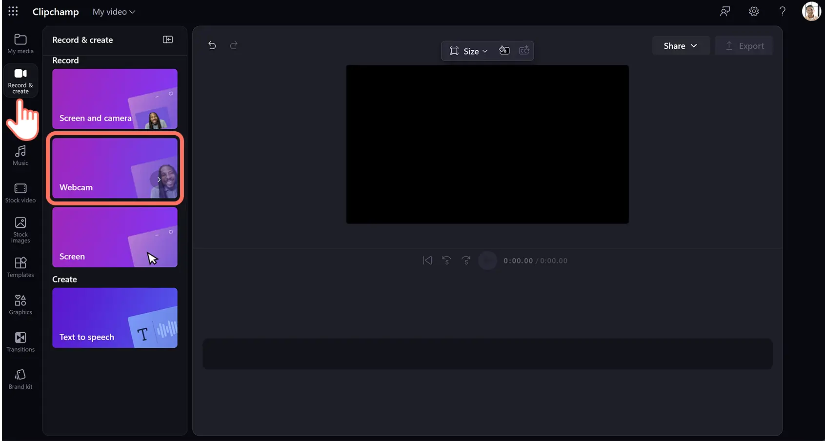 Пользователь выбирает средство записи веб-камеры в Clipchamp для работы.