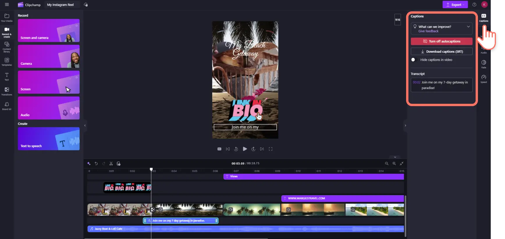 Un utilisateur de Clipchamp ajoutant des sous-titres automatiques à sa vidéo reels Instagram.
