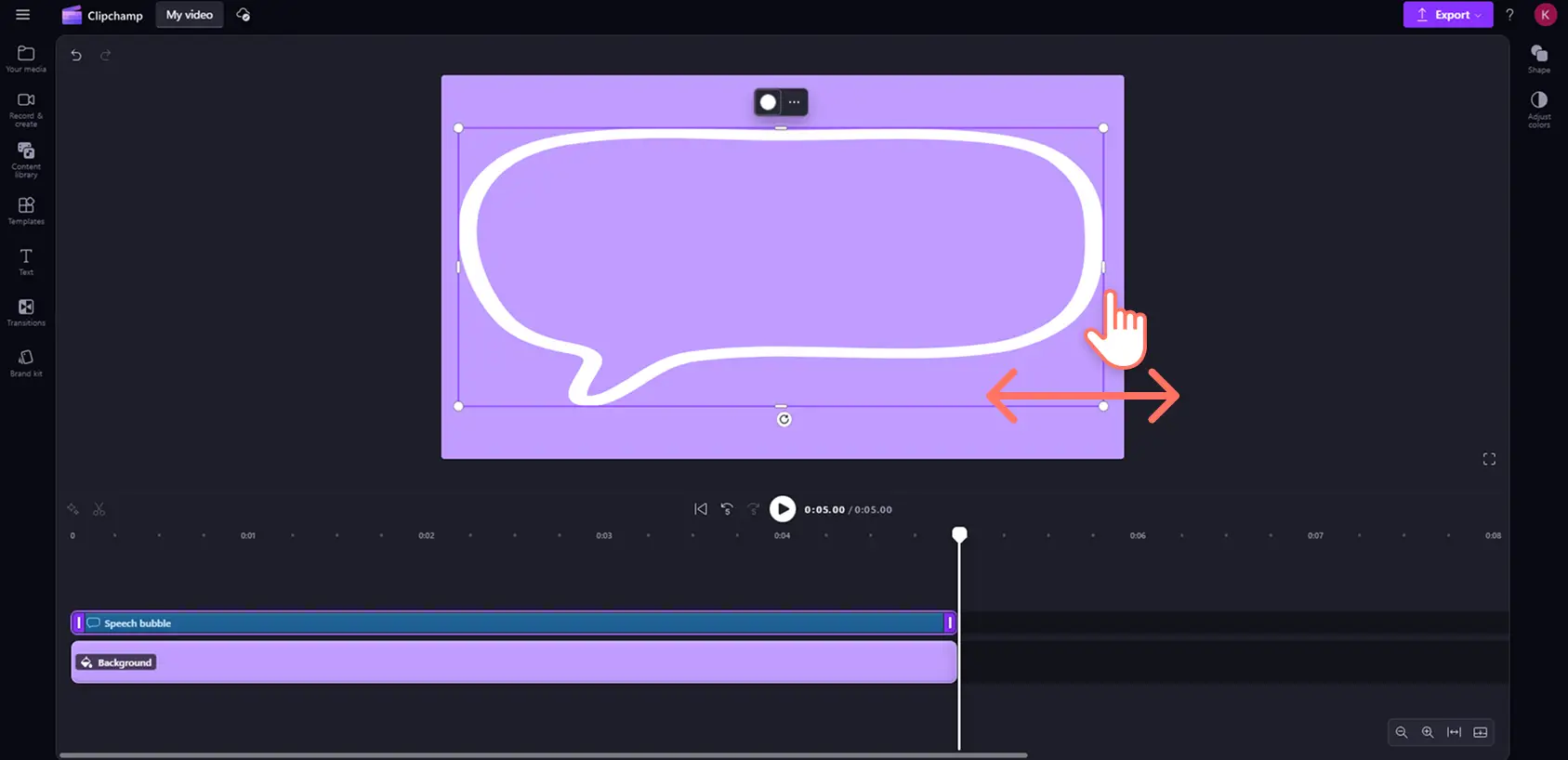 Ein Benutzer, der eine Sprechblasenform in Clipchamp größer zieht.