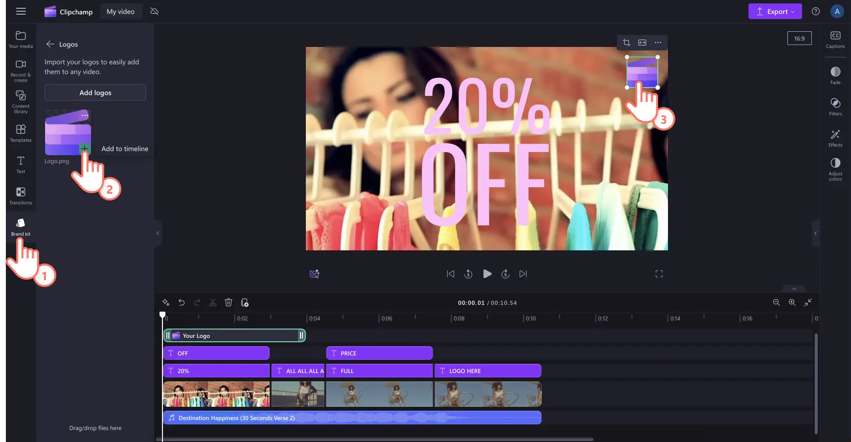 Imej seorang pengguna menambahkan tera air pada video dalam Clipchamp.