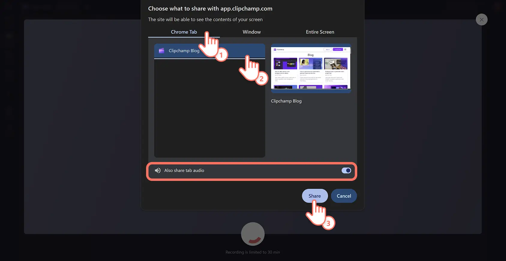 Một người dùng đang chọn một tab Chrome để ghi hình bằng trình ghi màn hình trong trình biên tập video Clipchamp.