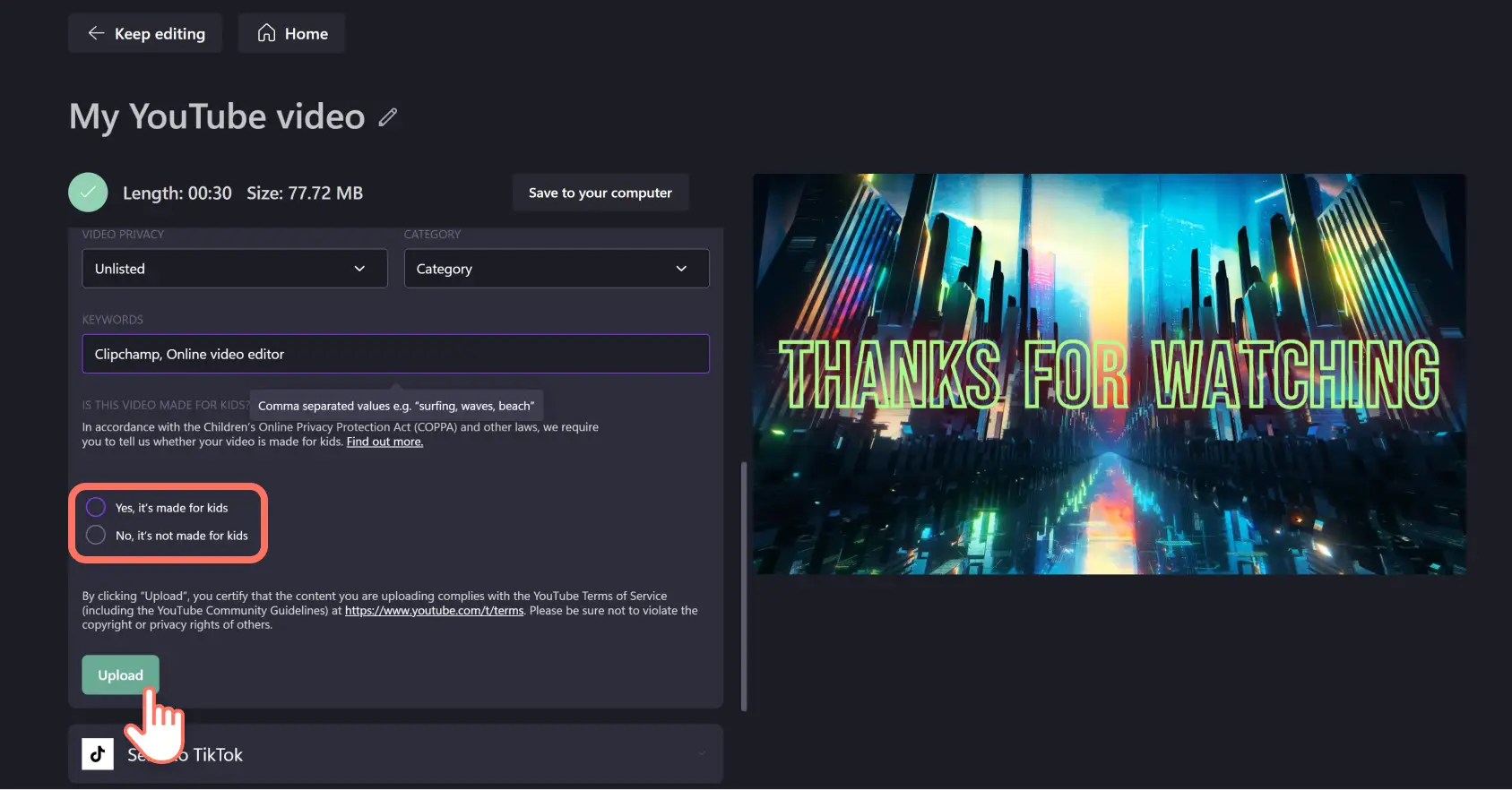 An image of a Clipchamp user declaring that their video complies with the Children's Online Privacy Protection Act.