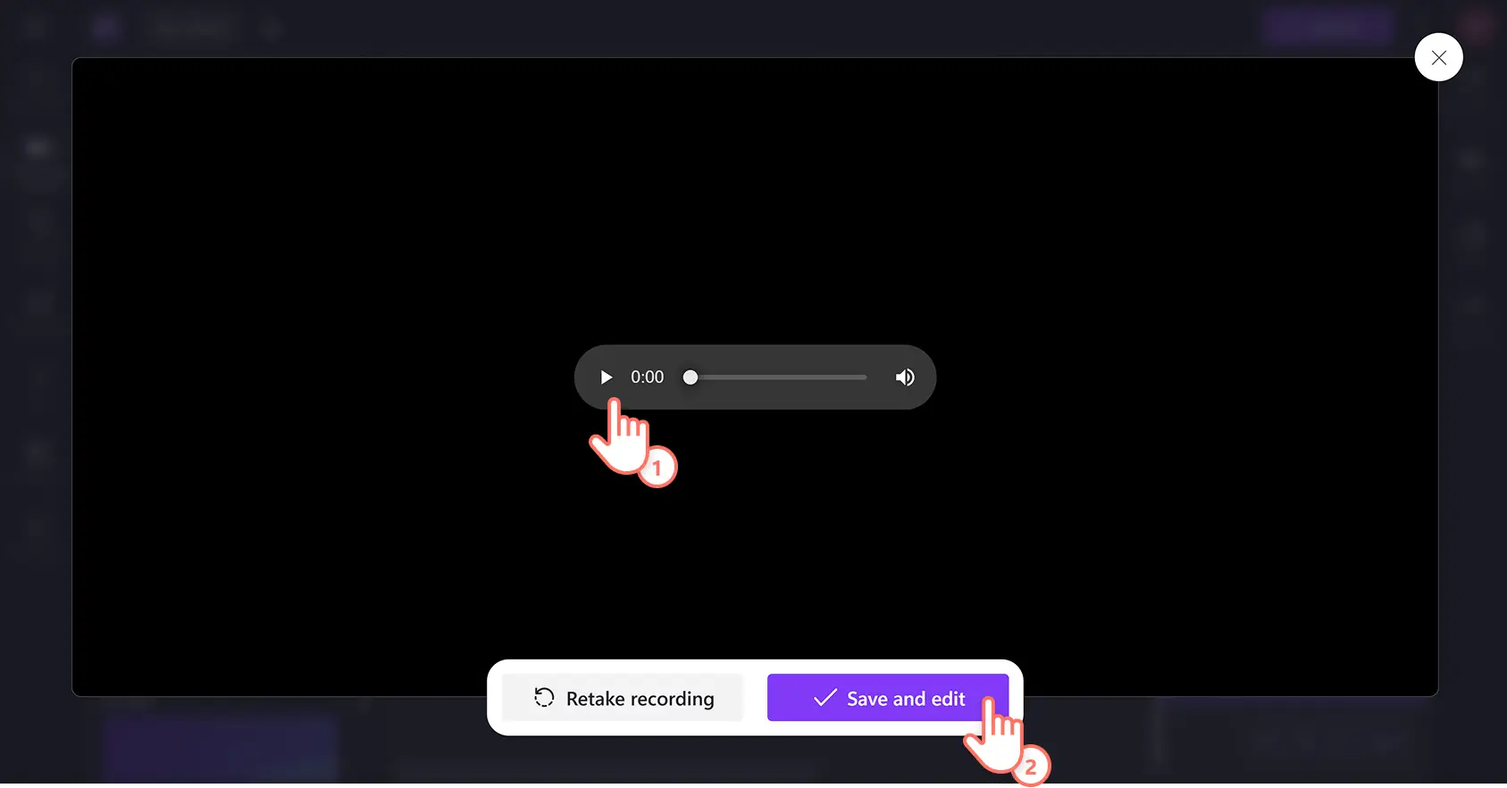 Clipchamp video düzenleyicideki çevrimiçi ses kaydedicinin içinde kaydet ve çık düğmesine tıklayan bir kullanıcı.
