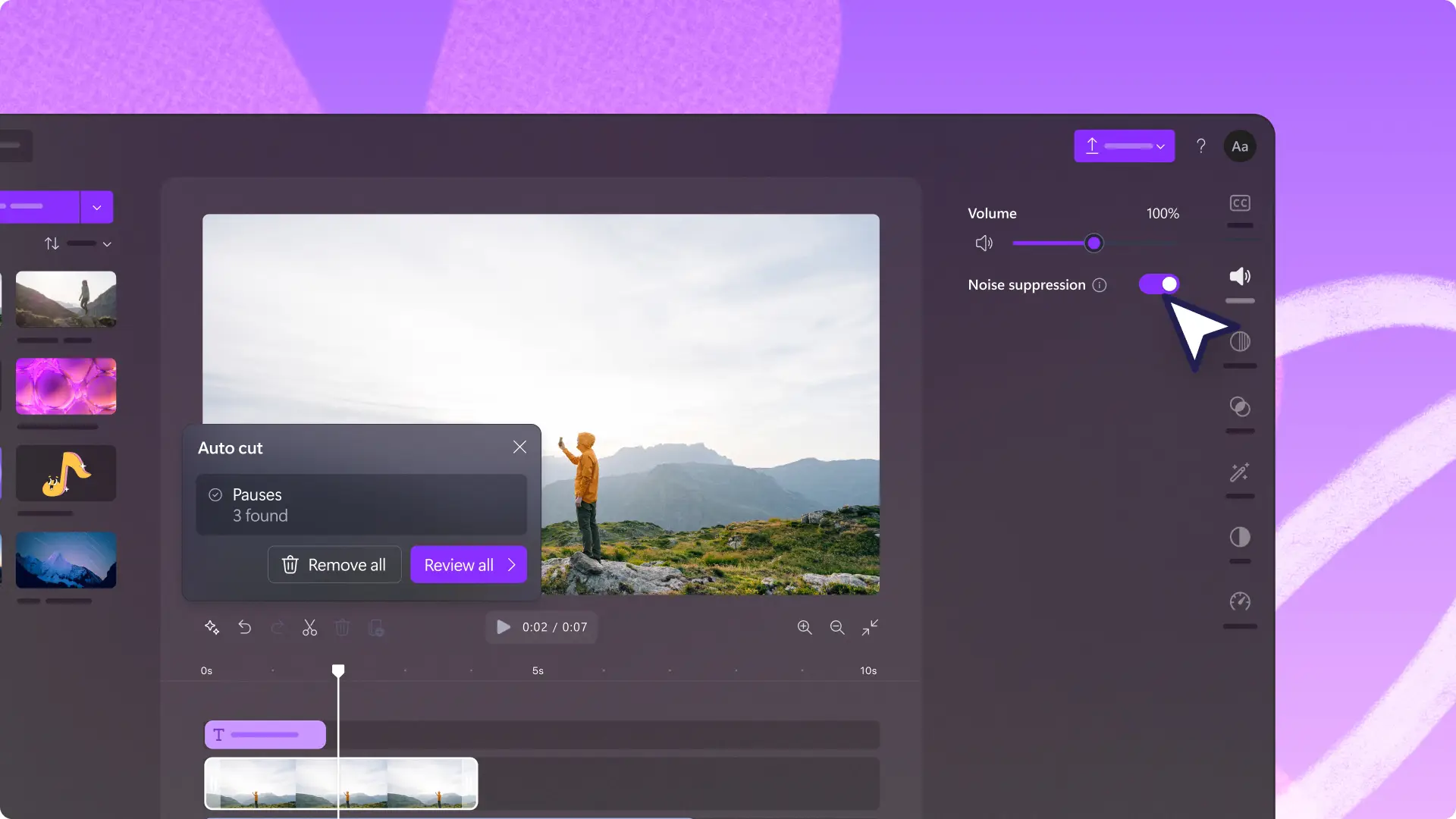 Sebuah gambar memperlihatkan fitur audio di Clipchamp, seperti penguat volume, serta peredam bising dan penghapusan keheningan dengan AI.