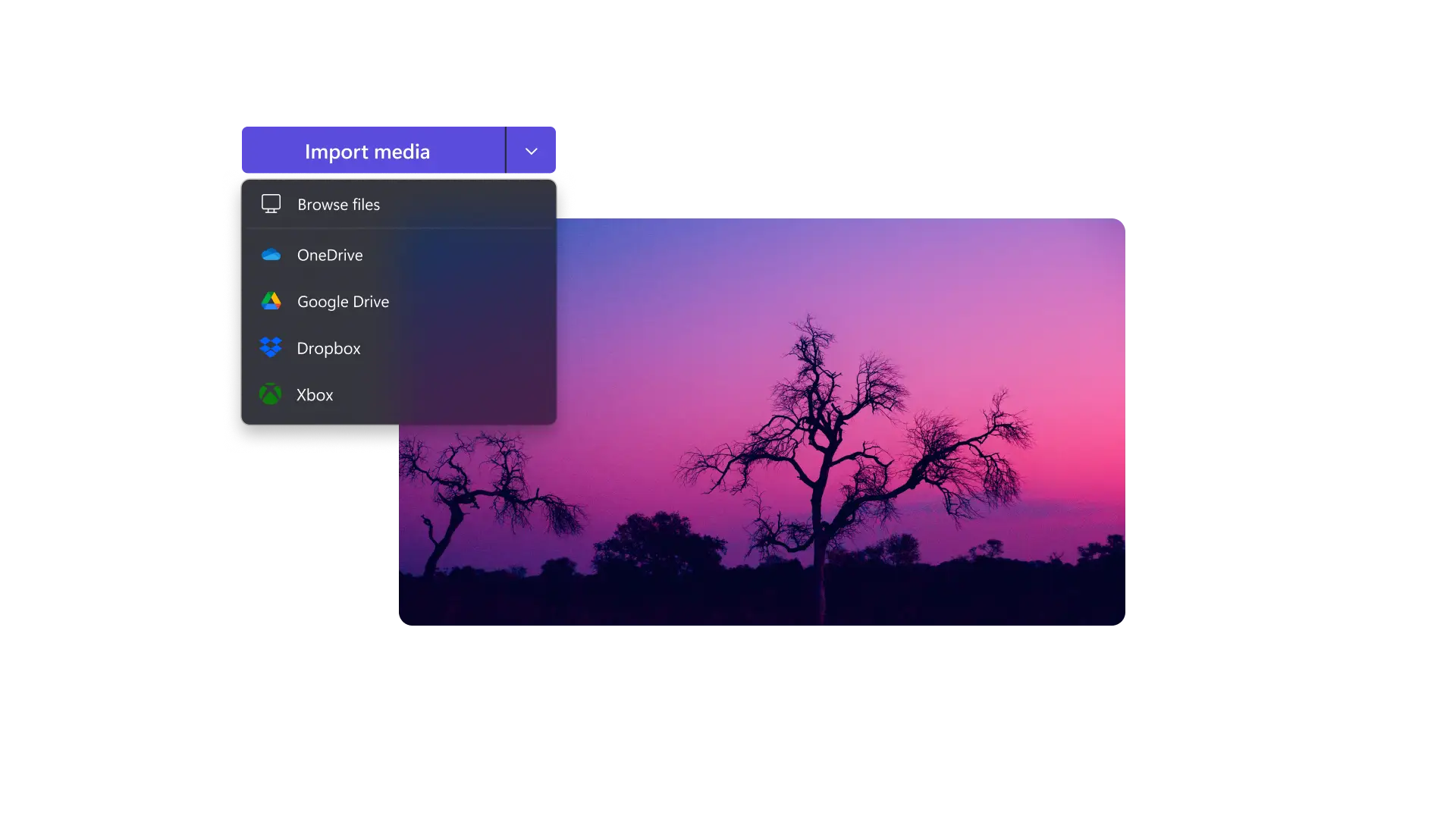 Billede, der viser, hvordan en video føjes til Clipchamp ved brug af upload-funktionen eller cloud-integrationer