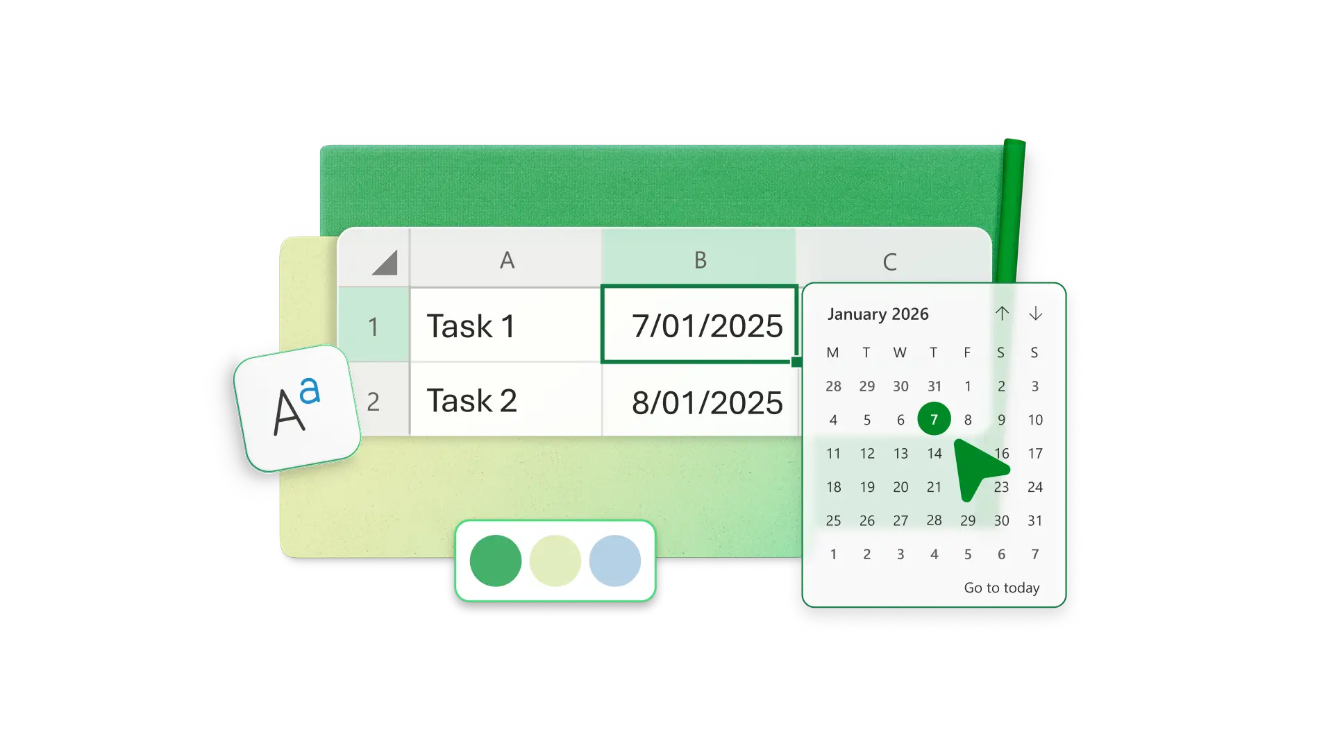 An excel spreadsheet and calendar on a green background