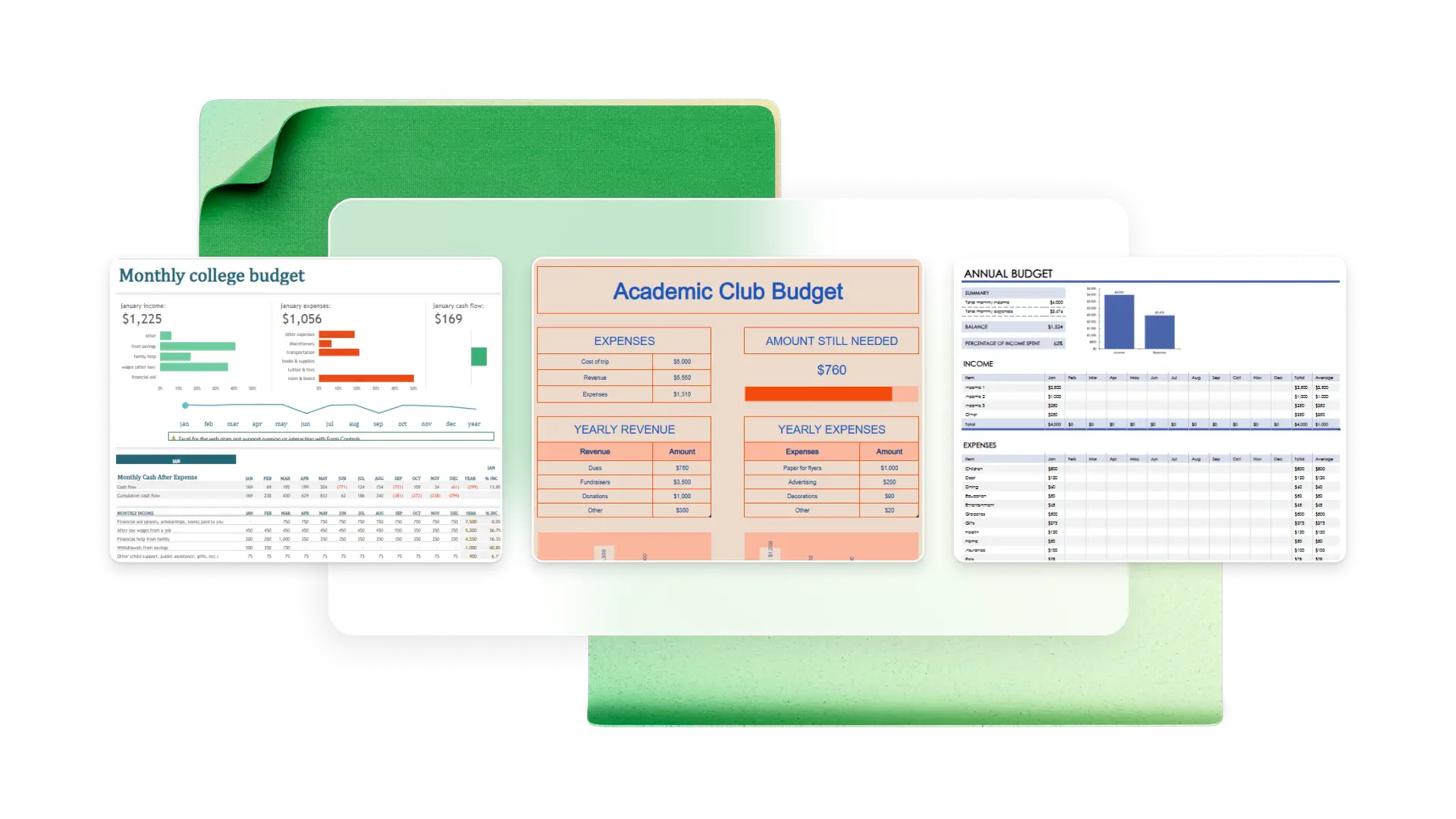 Three Microsoft Excel templates with common business budget spreadsheet use cases.