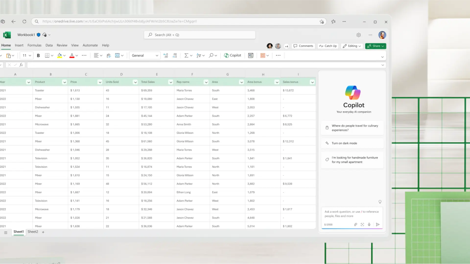 Copilot open in Excel against a green and beige background