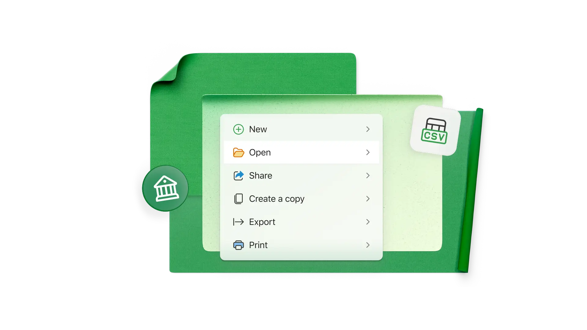 A green folder with Excel UI for opening a new spreadsheet