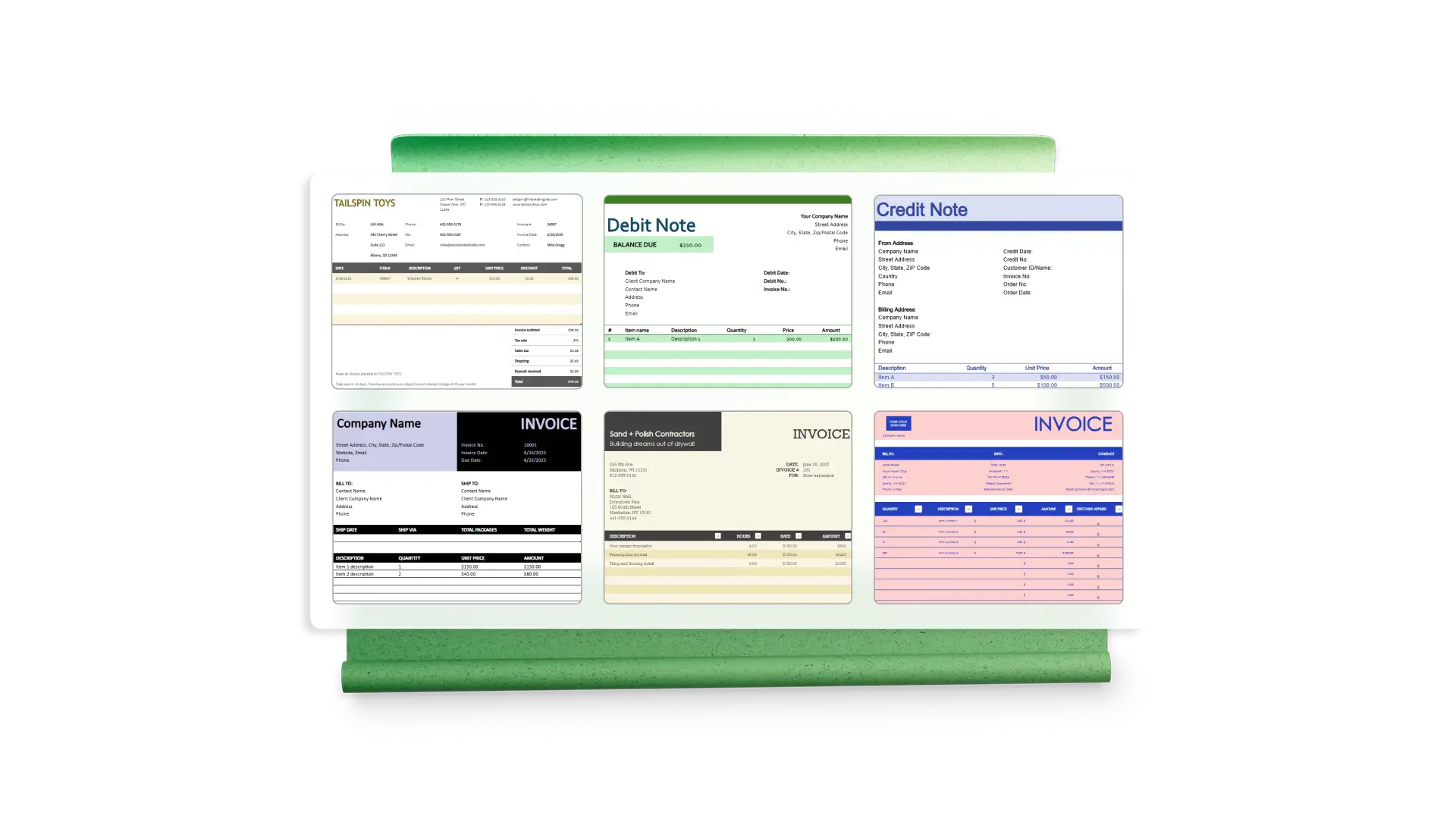 Invoice templates on a green background