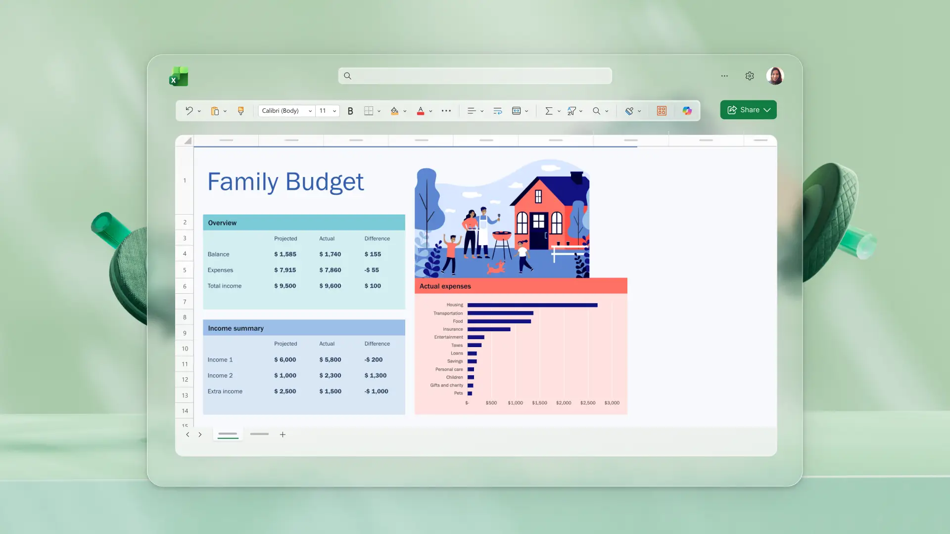 A family budget template in Microsoft Excel.