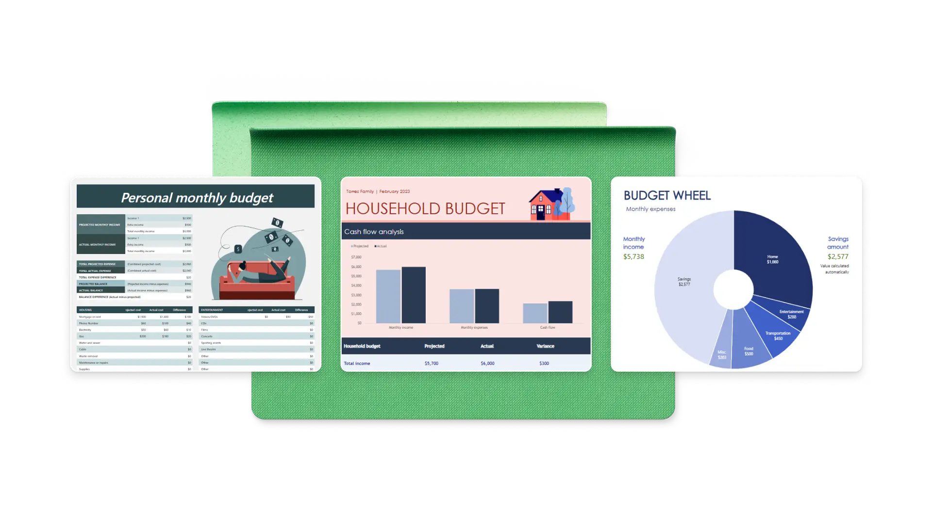 Personal finance templates on a green background