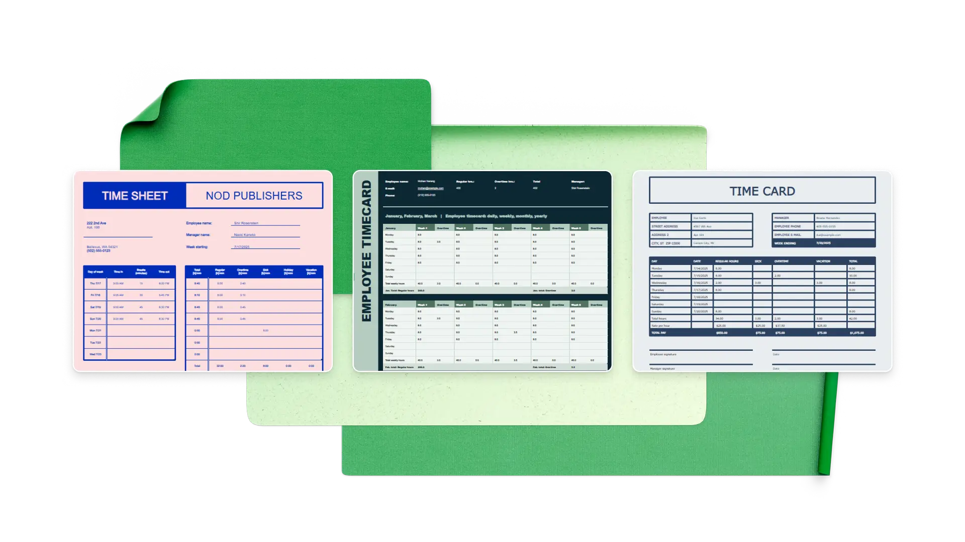 Three spreadsheet previews labeled ‘Employee scheduling’, ‘Project tracking’, and ‘Contractor tracking’