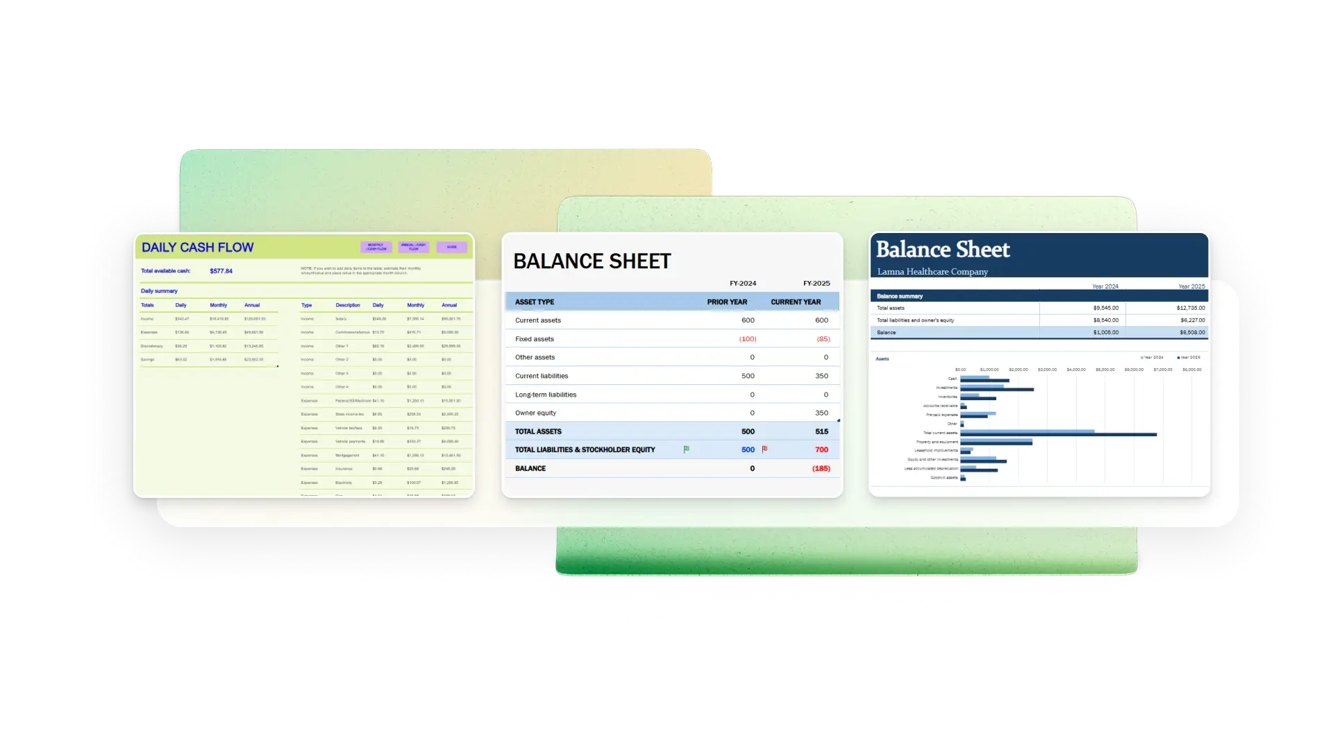 Visual representations of balance sheet use cases including tracking expenses, managing cash flow, and financial planning.