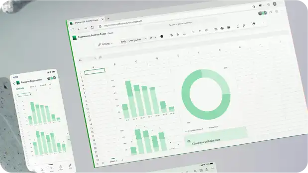 An Excel spreadsheet with bar and pie charts