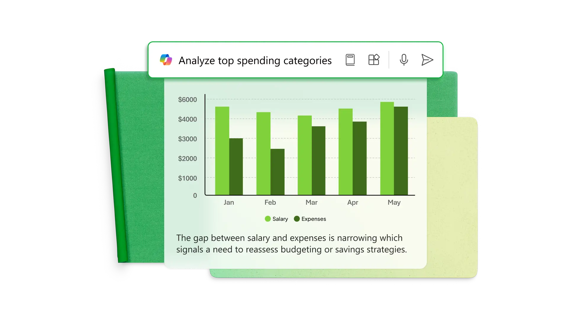Green folder icon with a bar chart showing top spending categories.