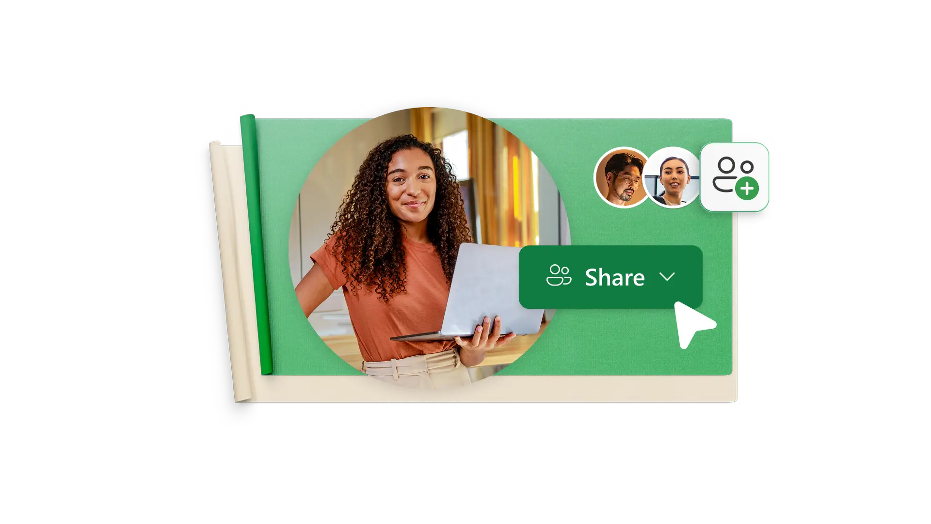 A woman holding a laptop sharing a spreadsheeet with friends
