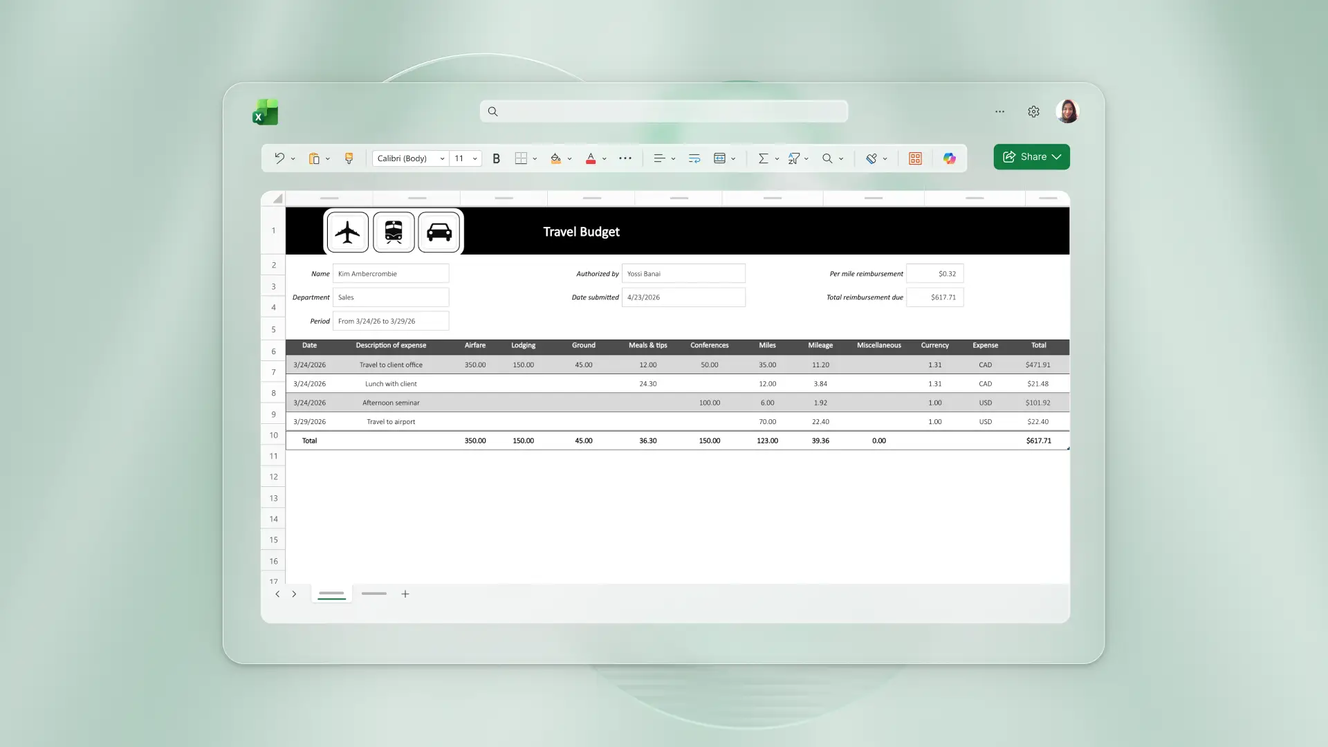 A travel budget template in Microsoft Excel.