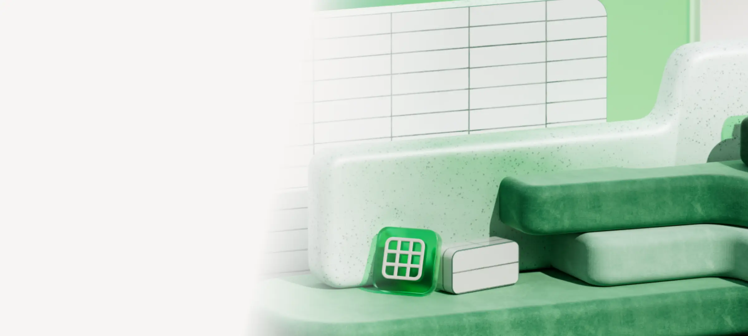 Spazio di lavoro minimalista con blocchi astratti verdi e bianchi