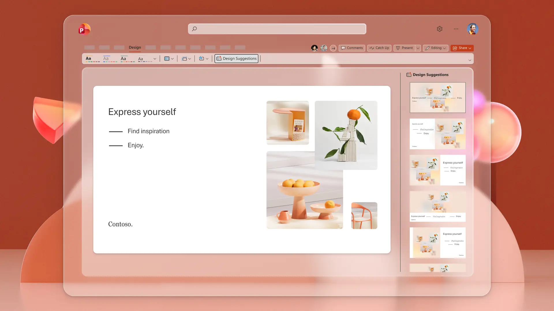 Diseños de diseño de diapositivas con tecnología de IA dentro de Microsoft PowerPoint. 