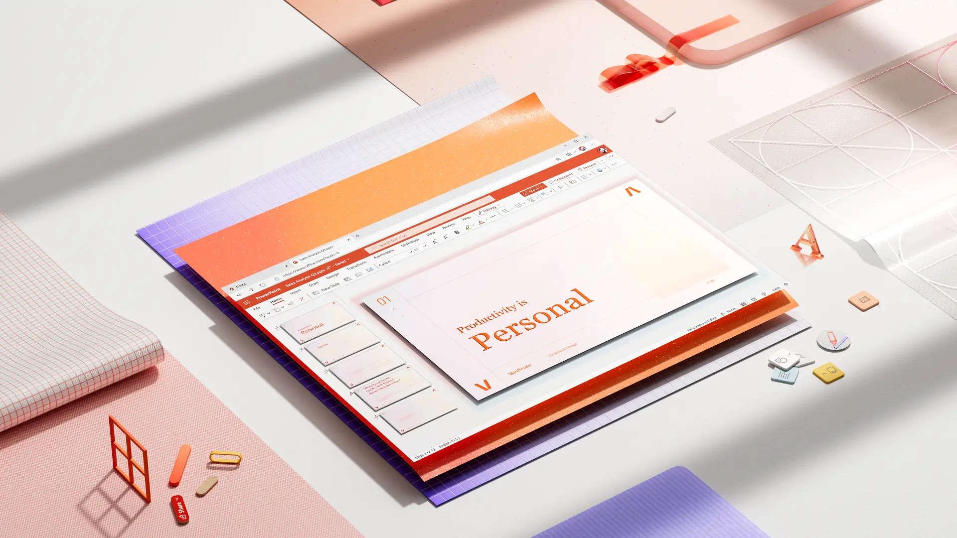 A PowerPoint presentation surrounded by office elements