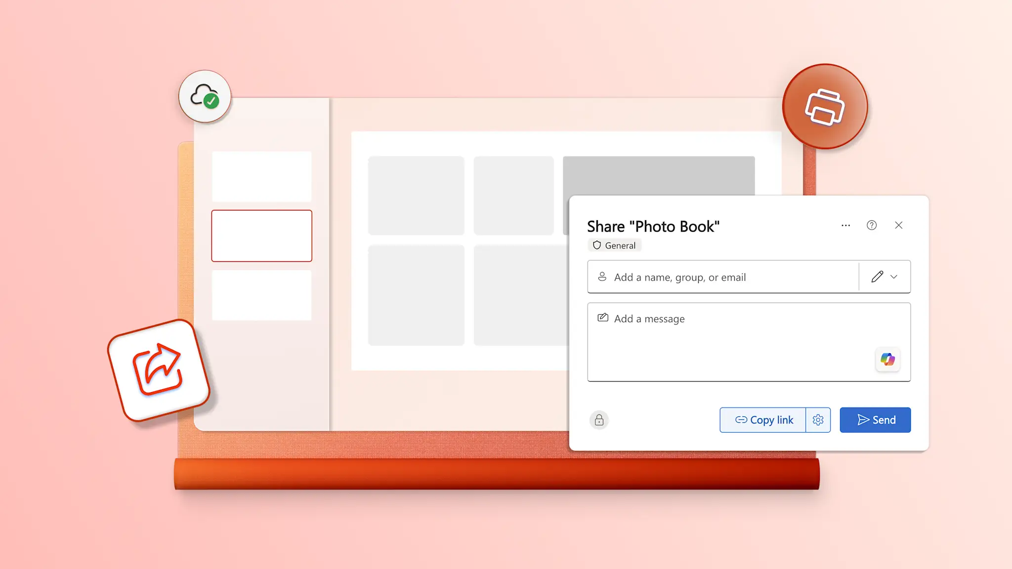 Abstract image of options for sharing a photobook in Microsoft PowerPoint.