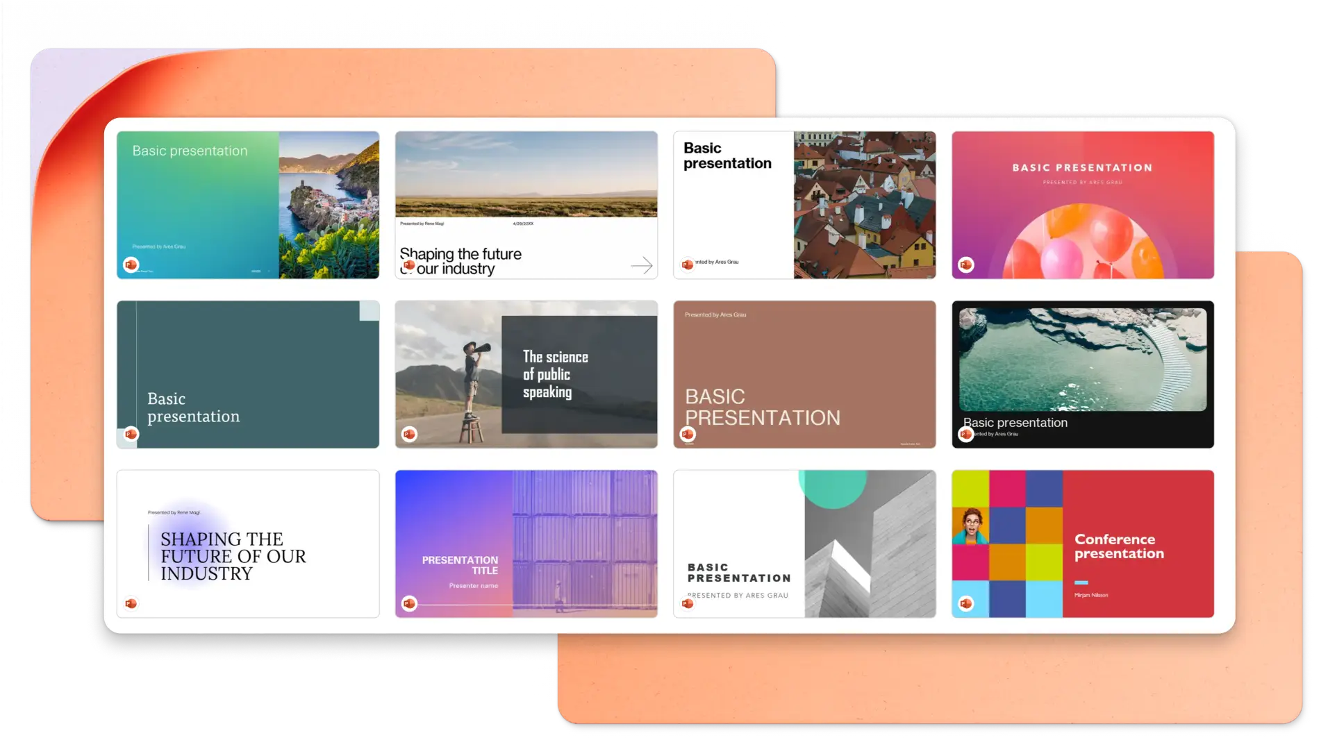 An collection of keynote templates on an orange background in Microsoft PowerPoint.