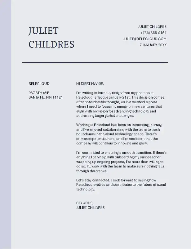 Tech resignation letter template