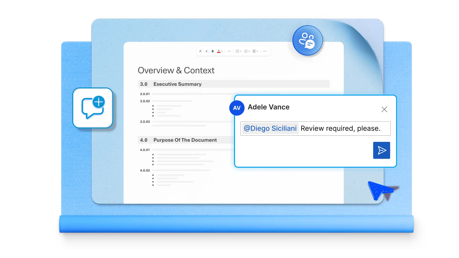Abstract of a user requesting review in Microsoft Word.
