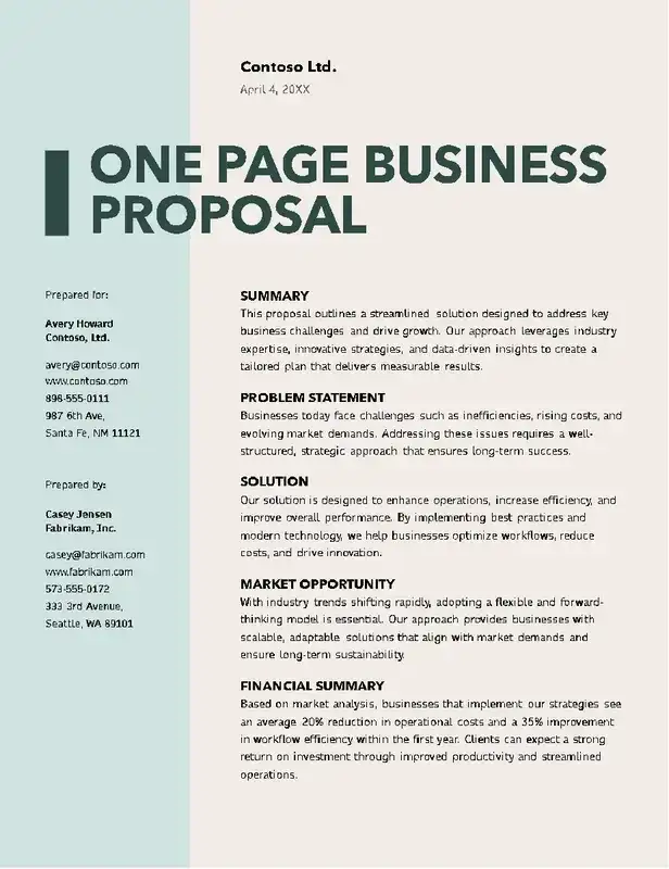 A one-page business proposal document outlining a strategic solution to improve efficiency, reduce costs, and drive growth