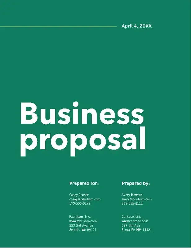 A green business proposal cover page with contact details