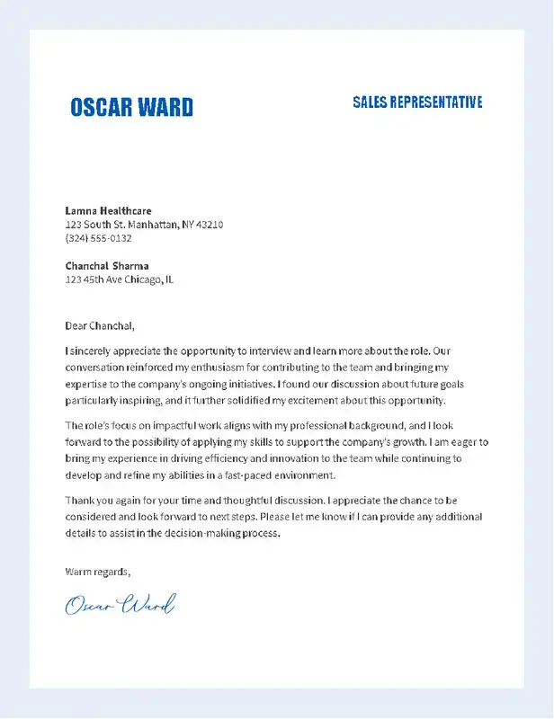 Post interview thank you letter template