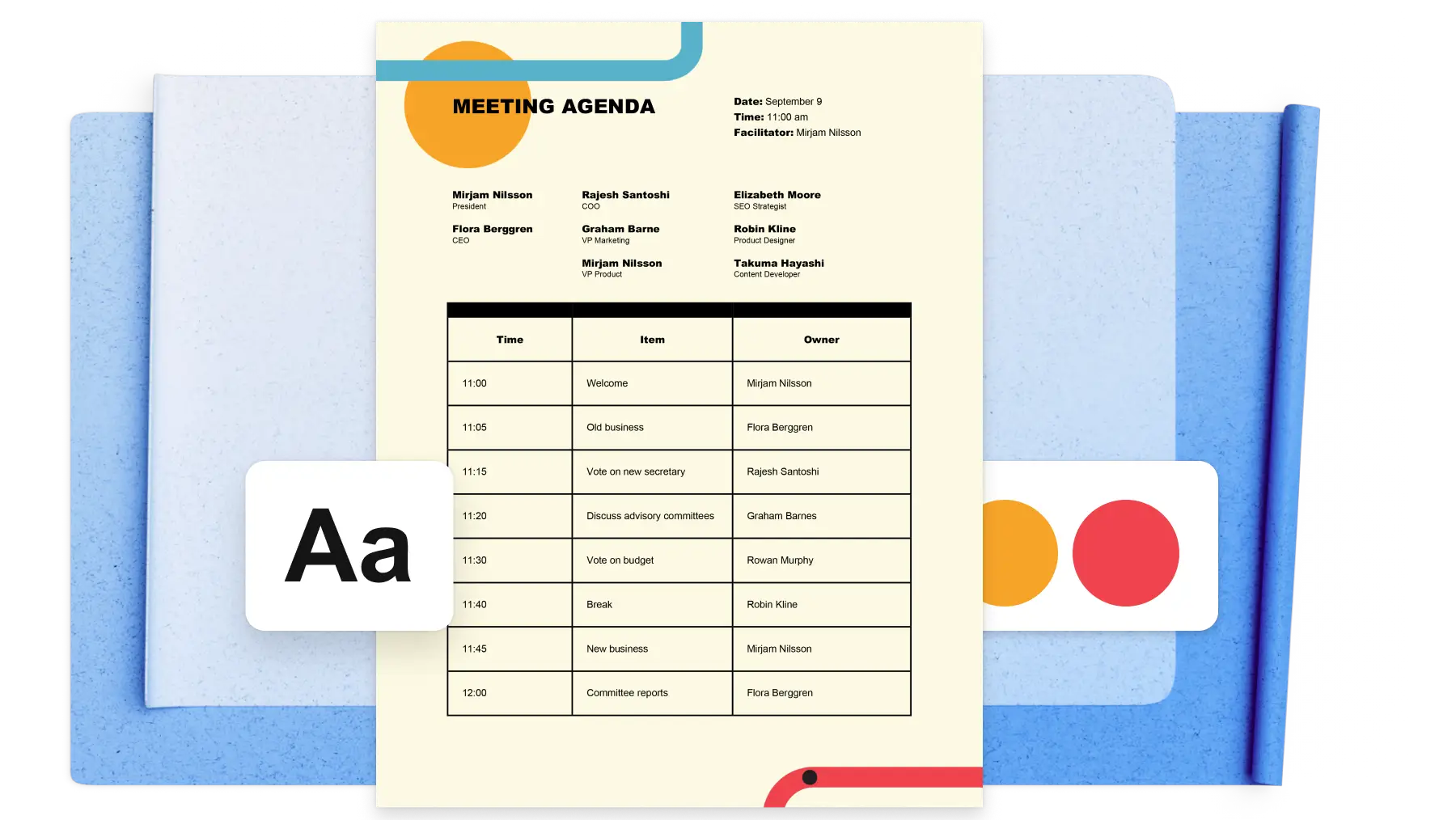A meeting agenda on a blue background with font and color elements