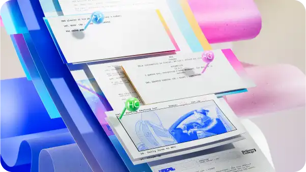 A vibrant abstract image featuring documents pinned on layered, curved paper sheets.