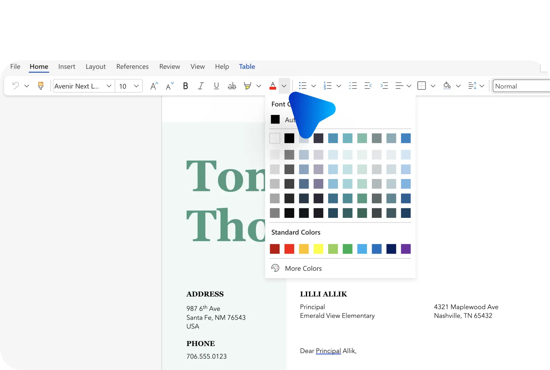 A user editing the color of text on a cover letter in Microsoft Word.